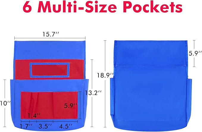 School Seat Chair with Storage Pocket Organizer, Label Slot, Multiple Pockets for School, Home, Classroom, Preschool, Daycare (Red+Blue)