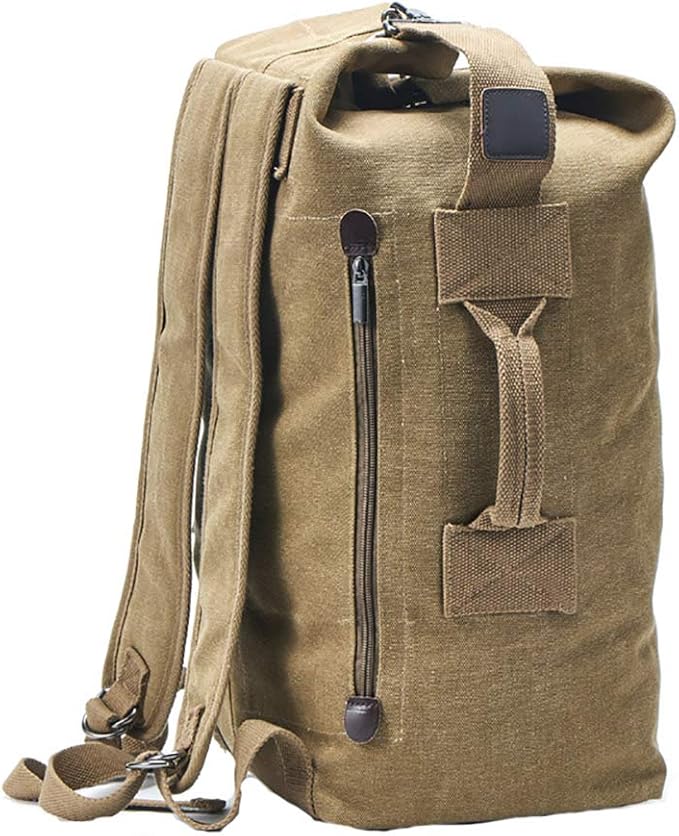Military Duffel Bag Top Load Double Strap Canvas Backpack Army Travel (upgrade khaki small)