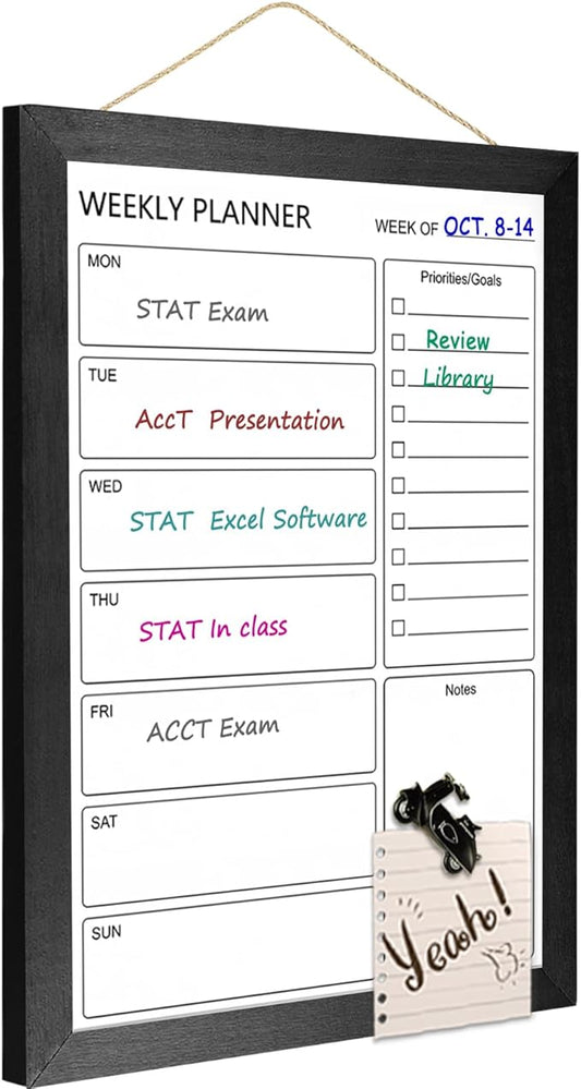 Dry Erase White Board Weekly Calendar Board, Magnetic Whiteboard for Wall, 10.5“x14.5” Solid Wood Black Framed Message Board, Planner Board for Office, Home, School(Weekly-BB-BK-2737)