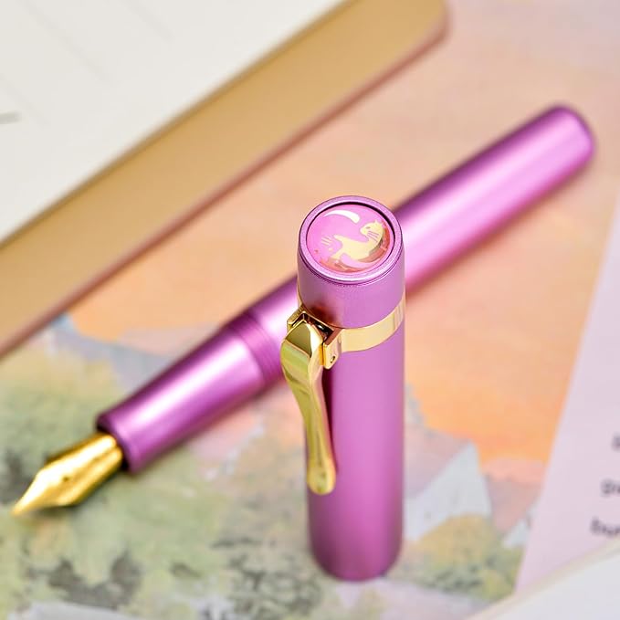 Hongdian M2 Mini Fountain Pen with Extra Fine Soft Golden Nib, Sleek Shape Aluminium Short Pocket Travel Pen (Lilac Purple)