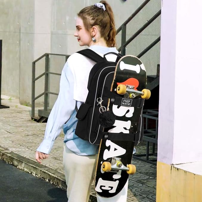 3PCS School Backpack for Girls and Boys, 17" Water Resistant Laptop Backpacks with Lunch Box, Cute Black Bookbag Set for Women Men College Teenagers High Middle Elementary School