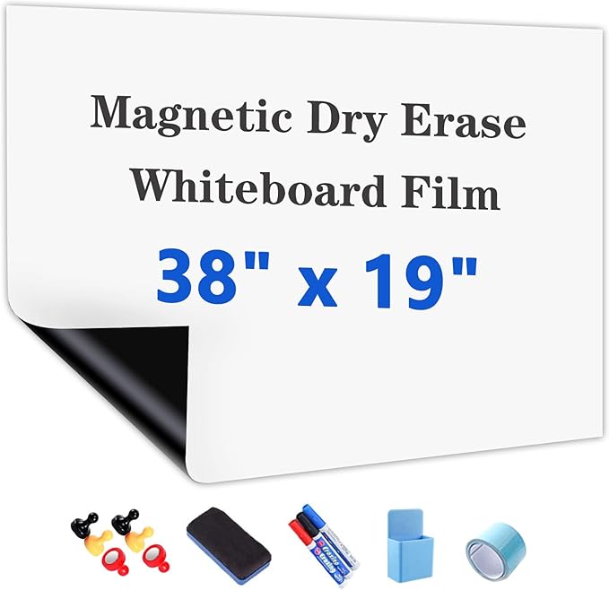 Magnetic White Board Film, 38" x 19" Dry Erase Board for Wall, Self Adhesive Whiteboard Paper Set for Office, Conference Room, Classroom, Home, Include Marker, Magnetic Eraser and Magnets