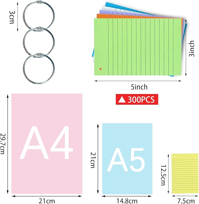 TFLFL Index Paper Cards 3x5 Inch, 300PCS Flash Cards with Rings, Thin Paper 8 Colors Ruled Index Cards, Assorted Lined Colored Flashcards, Study Card Note Cards Memo Pad for Office School