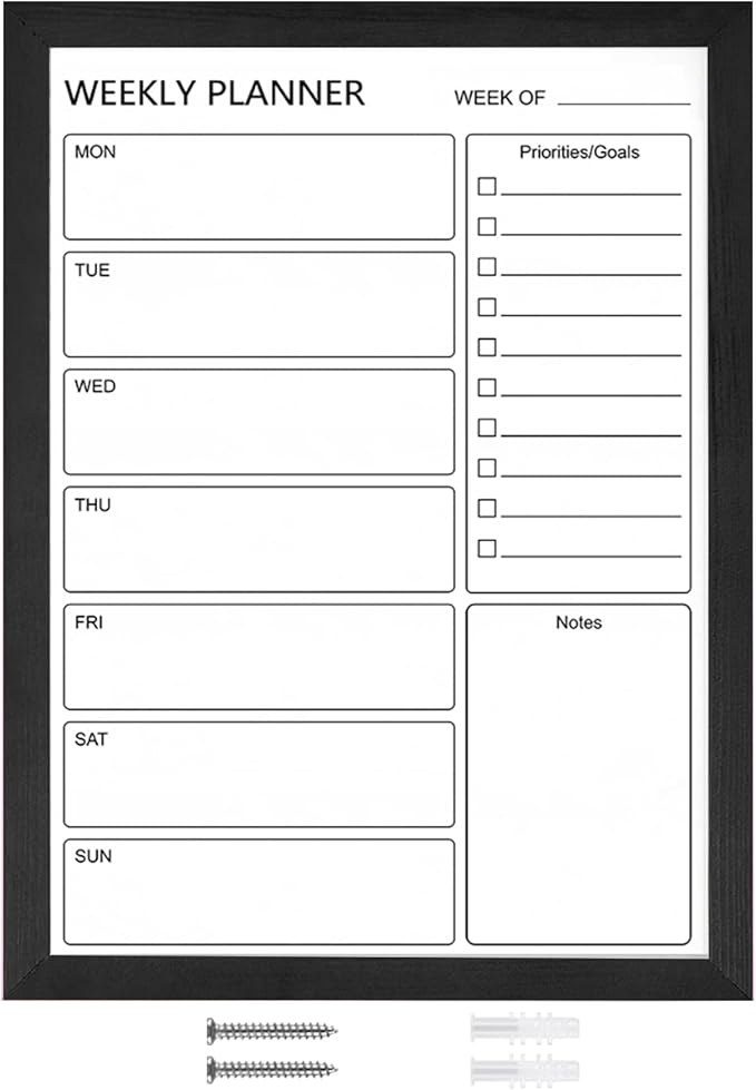 Dry Erase White Board Weekly Calendar Board, Magnetic Whiteboard for Wall,18“x24 Solid Wood Black Framed Message Board, Planner Board for Office, Home, School（Weekly-BB-BK-4560