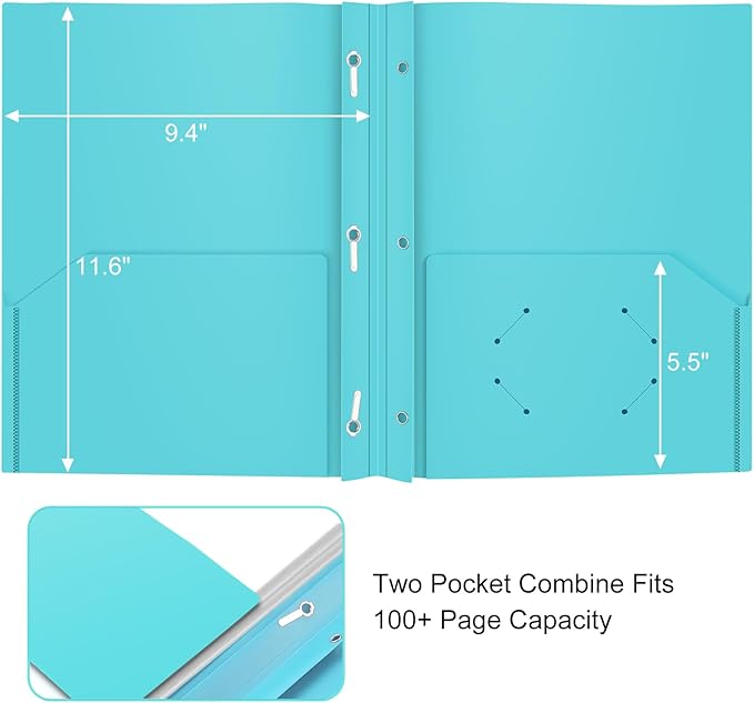 Heavy Duty Plastic Folder, 60 Pack, Pocket Folder with brads, Letter Size Poly File, Plastic Folders with 3 Prongs Fasteners - Light Blue