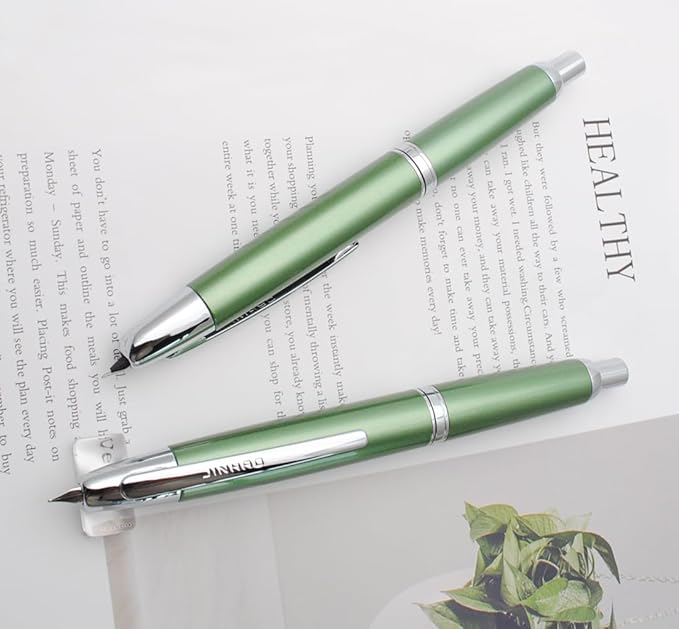 JINHAO 10 Press Fountain Pen, Retractable Metal Pen with Ink Converter (EF Nib 0.38mm, Light Pine Green)