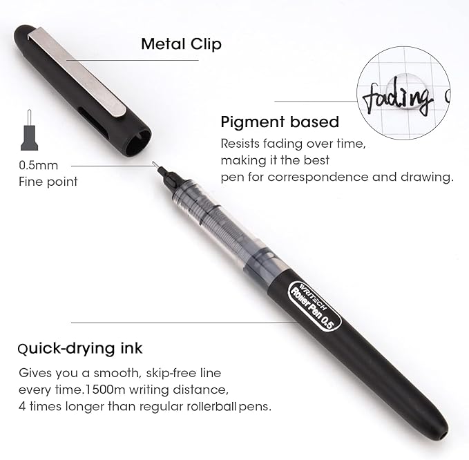 WRITECH Liquid Ink RollerBall Pens Quick Dry Ink 0.5 mm Extra Fine Point Pens 8 Pcs Rollering Pens Assorted Colors Ink for Writing, Taking Notes & Sketching (Multicolor)
