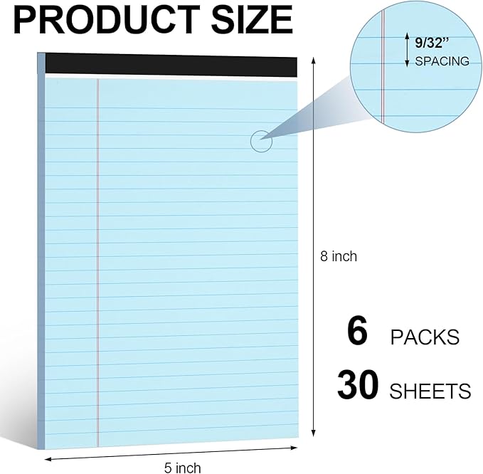 Utron 6 PCS Small Legal Pads 5x8 Blue, Narrow Ruled Small Note Pads 5x8, Micro Perforated Writing Pad, College Ruled Legal Notepads 5x8 for Study, Office, To-Do Lists(30 Sheets/Small Notepad)