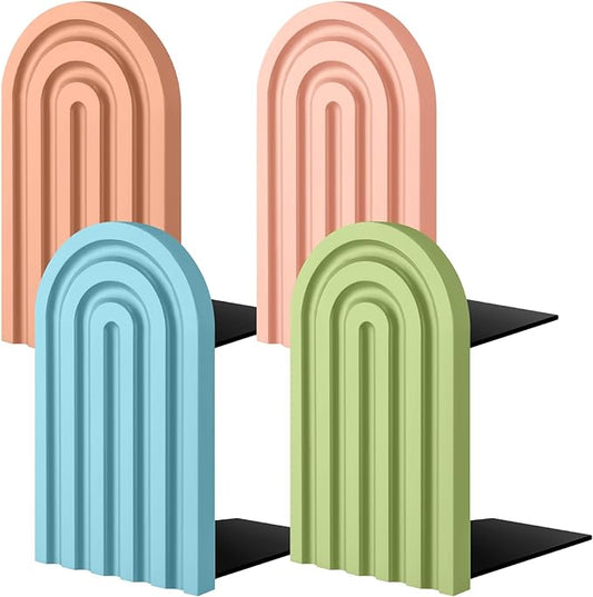 Harloon 4 Pieces Boho Arch Wood Bookends Rainbow Arch Back to School Gift Ideas Non Skid Bookend Decorative Wooden Book Stand Book Stoppers for Books Movies CDs(Bright Color)