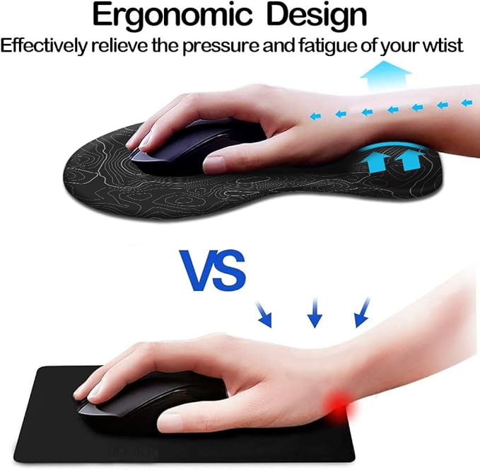 DOOKE Ergonomic Mouse Pad with Wrist Support and Coaster,Mouse Pads with Non-Slip PU Base for Home Office Working Studying Easy Typing & Pain Relief Topographic Contour Black