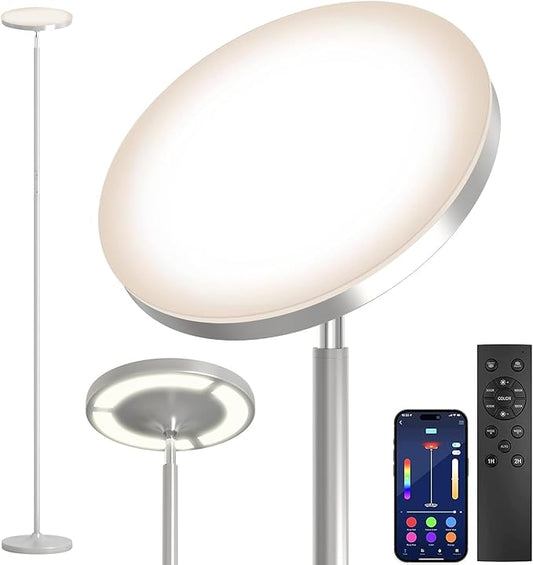 Keepsmile Silver Double Side Lighting LED Floor Lamp with Remote Smart App 36W 2600LM Bright Tall Standing RGB Floor Lamp Angle Multicolor Dimmable Modern Floor Lamps for Living Room Bedroom