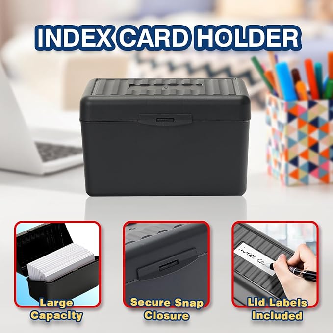 H4D 3x5 Index Card Holder with 100 Heavyweight Ruled Index Cards and 25 Plastic Dividers, Black