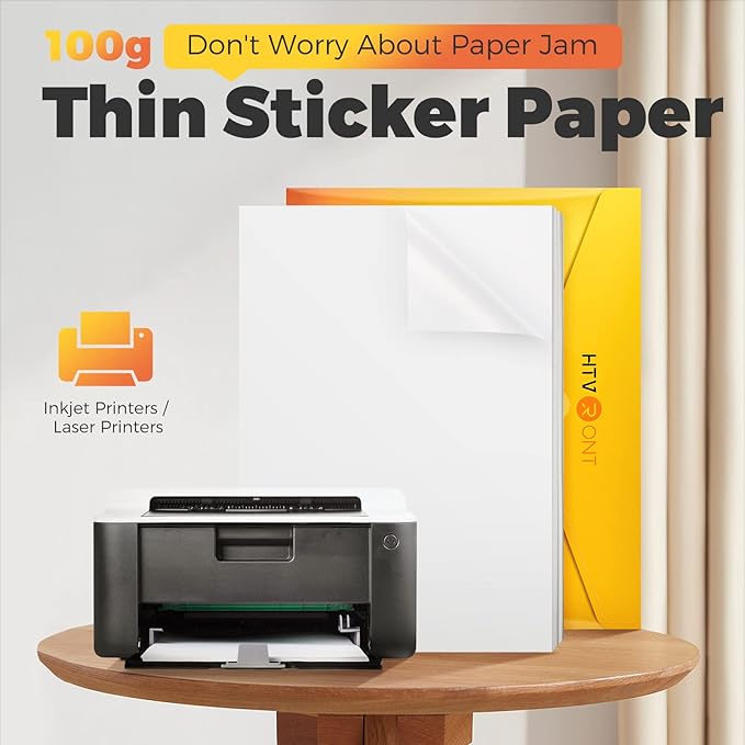 HTVRONT Printable Vinyl Sticker Paper, 100 Sheets Matte Waterproof Sticker Paper For Inkjet Printer Dries Quickly-Standard Letter Size 8.5"X11"(100 g)