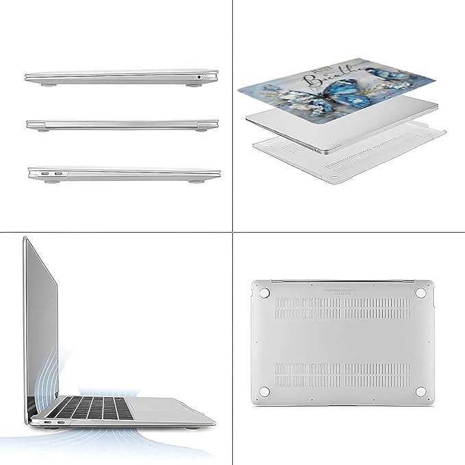 Compatible with 15 Inch MacBook Air A2941 M2 2023, Blue Flower Butterfly Hard Plastic Shell Cover Case