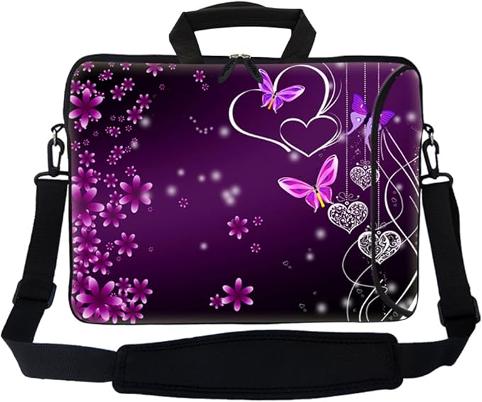 Meffort Inc 17 Inch Neoprene Laptop Bag with Extra Side Pocket, Soft Carrying Handle & Removable Shoulder Strap Fit 16" to 17.3" Size - Purple Heart Butterfly