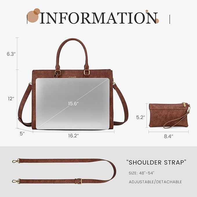 LOVEVOOK Laptop Bag for Women, 15.6 inch Laptop Tote Work Bag Purse, Large Waterproof Leather Computer Briefcase for Office, Reddish Brown
