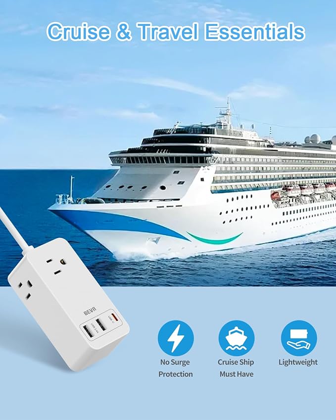 Small Flat Plug Power Strip, Extension Cord with 3 USB Wall Charger(1 USB C), 3 Outlets Mini Charging Station, 5 FT Flat Plug for Cruise Travel Office School Dorm Room Essentials