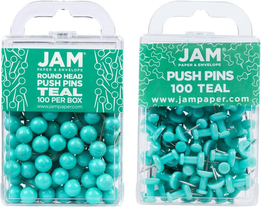 JAM PAPER Colorful Push Pins - Flat & Round Head Thumb Tack Combo Set - Teal Pushpins - 200/Pack
