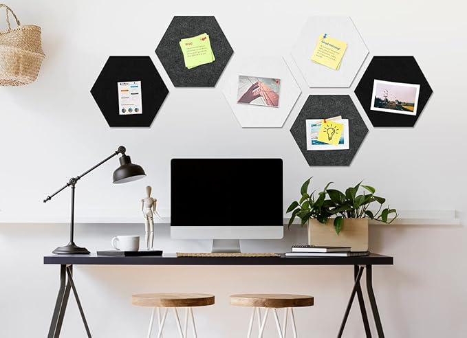 12" Large Bulletin Board with 30 Push Pins, Pack of 8 Hexagon Felt Pin Board Notice Boards for Home Office, Felt Wall Tiles for Photos Memos