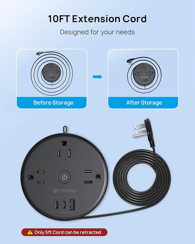 TROND Power Strip Flat Plug - Extension Cord 10FT Semi-Retractable, Power Strip with 3 AC Outlets 3 USB Ports (2 USB C), Ultra Thin Flat Plug, Cruise Ship Essentials, for Home, Hotel, Office