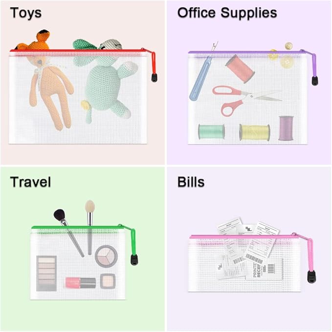 Umriox Zipper Bags, 6 Assorted Size (6 Colors, 12 Packs), Project Bags for Cross Stitch, Mesh Zipper Pouch for Office Supplies Travel Accessories and Board Games Storage