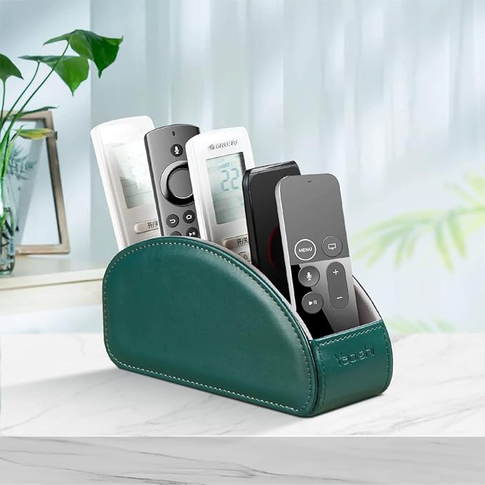 Remote Control Holder PU Leather TV Remote Caddy for Table, 5 Compartments Nightstand Organizer for Bedroom Accessories/Bedside Remotes/Media Controllers/Office Supplies, Decorations for Living Room