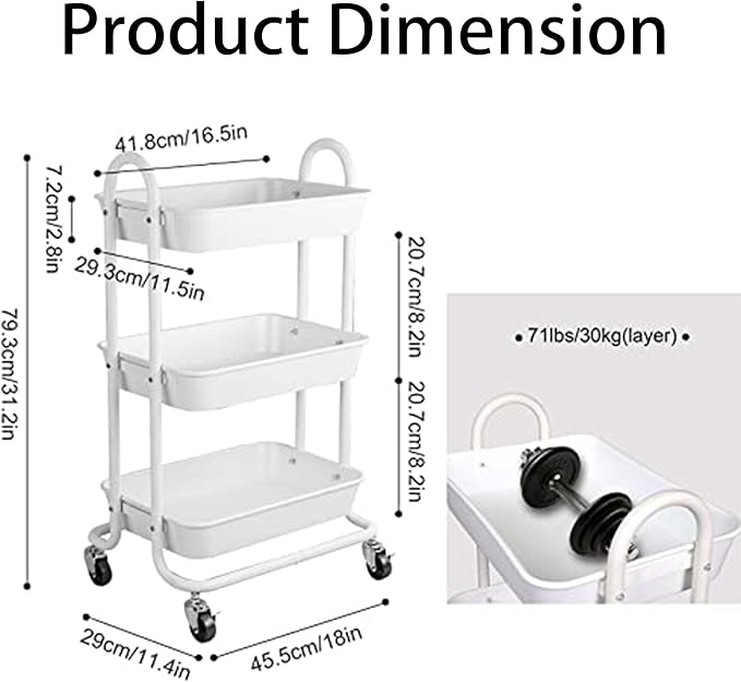 3-Tier White Utility Rolling Cart,Kitchen Storage Carts with Wheels,White Metal Rolling Cart for Office,Home,Kitchen,Garden（18"x11.4"x31.2"）