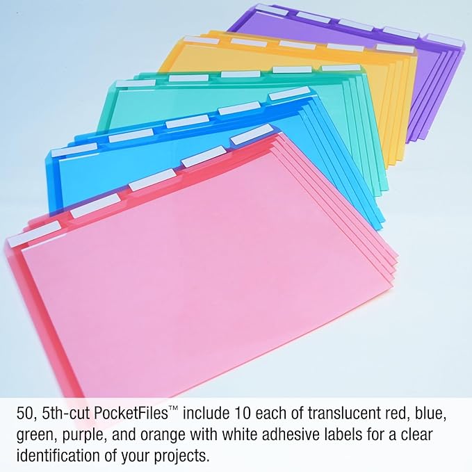 Ultimate Office PocketFile™ Clear Poly Document Folder Project Pockets, 5th-Cut, Letter Size, in 5 Assorted Colors, Set of 50