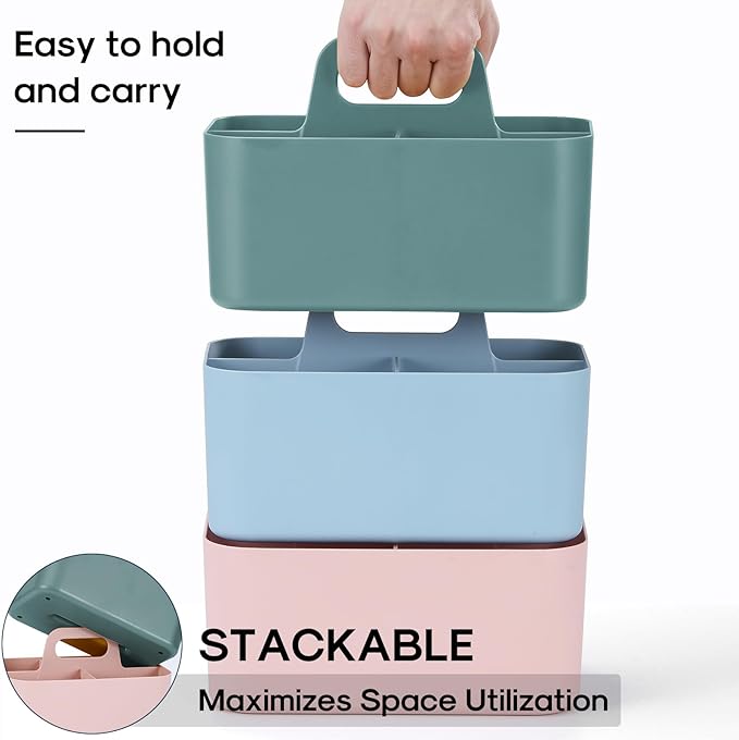 Multiuse Caddy Organizer with Handle - Stackable Plastic Tote Bin - Art Craft Supplies, Office, Desk, Stationery Pen Holder, Kitchen, Utensil, Makeup, Bathroom, Shower, Cleaning, Dorm Organizer - Cyan