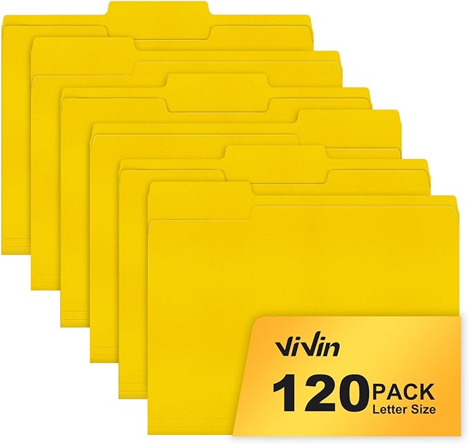 ViVin File Folders, Fits 8.5 x 11 Letter Size Paper, 1/3-Cut Tabs, 120 Pack Manilla Colored File Folders, Perfect for Home, Office, and School Documents File Paper(Yellow)