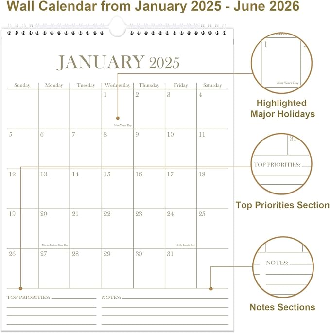 2025 Wall Calendar - 18 Months Calendar from January 2025 - June 2026, Calendar 2025-2026 with Thick Paper, 8.5" x 11", Vertical Calendar, Golden