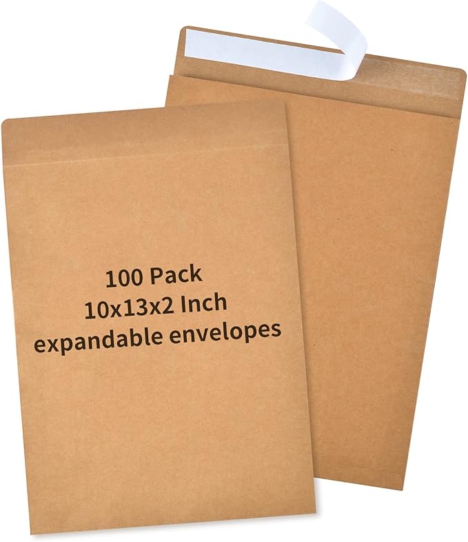 Expandable Envelopes 10x13x2 Large Kraft Envelopes 10x13 Catalog Envelopes Peel and Seal for Home Office Business Storage and Organizing (100)
