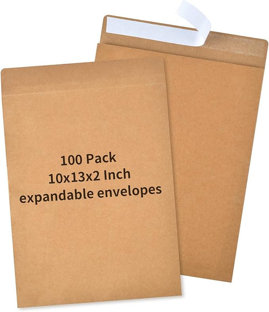 Expandable Envelopes 10x13x2 Large Kraft Envelopes 10x13 Catalog Envelopes Peel and Seal for Home Office Business Storage and Organizing (100)