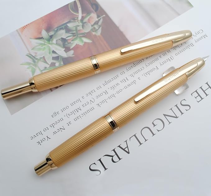 JINHAO 10 Press Fountain Pen, Retractable Metal Pen with Ink Converter (F Nib 0.5mm, Striated Golden)