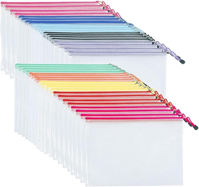 Mesh Zipper Pouch Document Bag, Plastic Zip File Folders,A4 Letter Size Waterproof Document Pouch for Office Supplies, Arts & Crafts Organizing Storage (10 Colors 40 Pack)