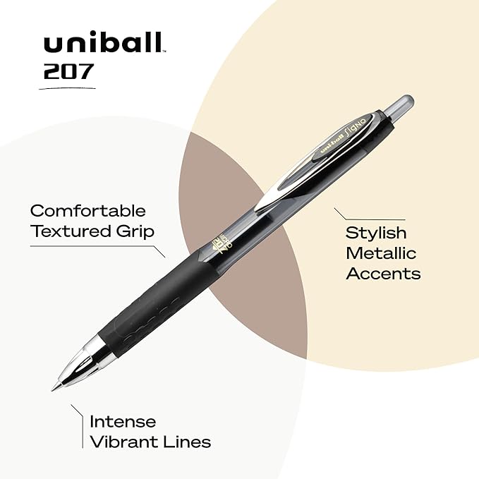 uni-ball® 207™ Retractable Fraud Prevention Gel Pens, Micro Point, 0.5 mm, Black Barrels, Black Ink, Pack Of 12