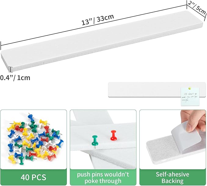 Cork Board for Walls - 8 Pack Felt Pin Board Bar Strips - Self-Adhesive Lightweight Bulletin Board - Cork Board for Office with 40 Push Pins No Damage for Wall