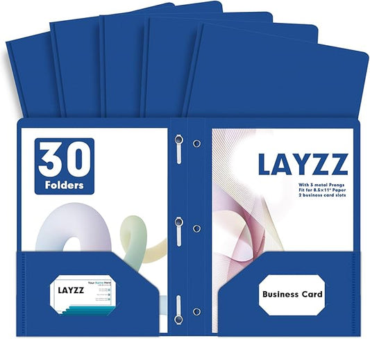 Plastic 2 Pocket Folders with Prongs, 30 Pack, Heavyweight, Letter Size Poly Folders with 3 Metal Prongs Fastener Clips (Blue)