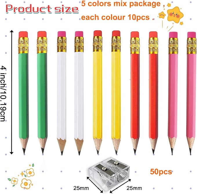 Adhere 25pcs Golf Pencils with eraser Hexagon Wooden Pencils Graphite 2B for Golf Event Scoring,Classroom,Wedding,Company Meetings,Pew, Pocket (Z- White・Pink・Red・Yellow・Light green・50pcs)