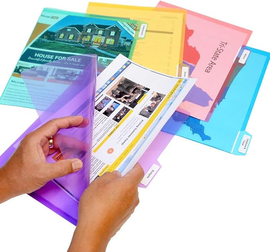 Ultimate Office PocketFile™ Clear Poly Document Folder Project Pockets, 5th-Cut, Letter Size, in 5 Assorted Colors, Set of 25