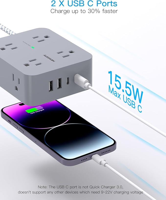 Surge Protector Power Strip 15 Ft Long Cord, 8 Outlets 4 USB Ports(2 USB C), Flat Plug, Desk Charging Station for Home Office College Dorm Room Essentials