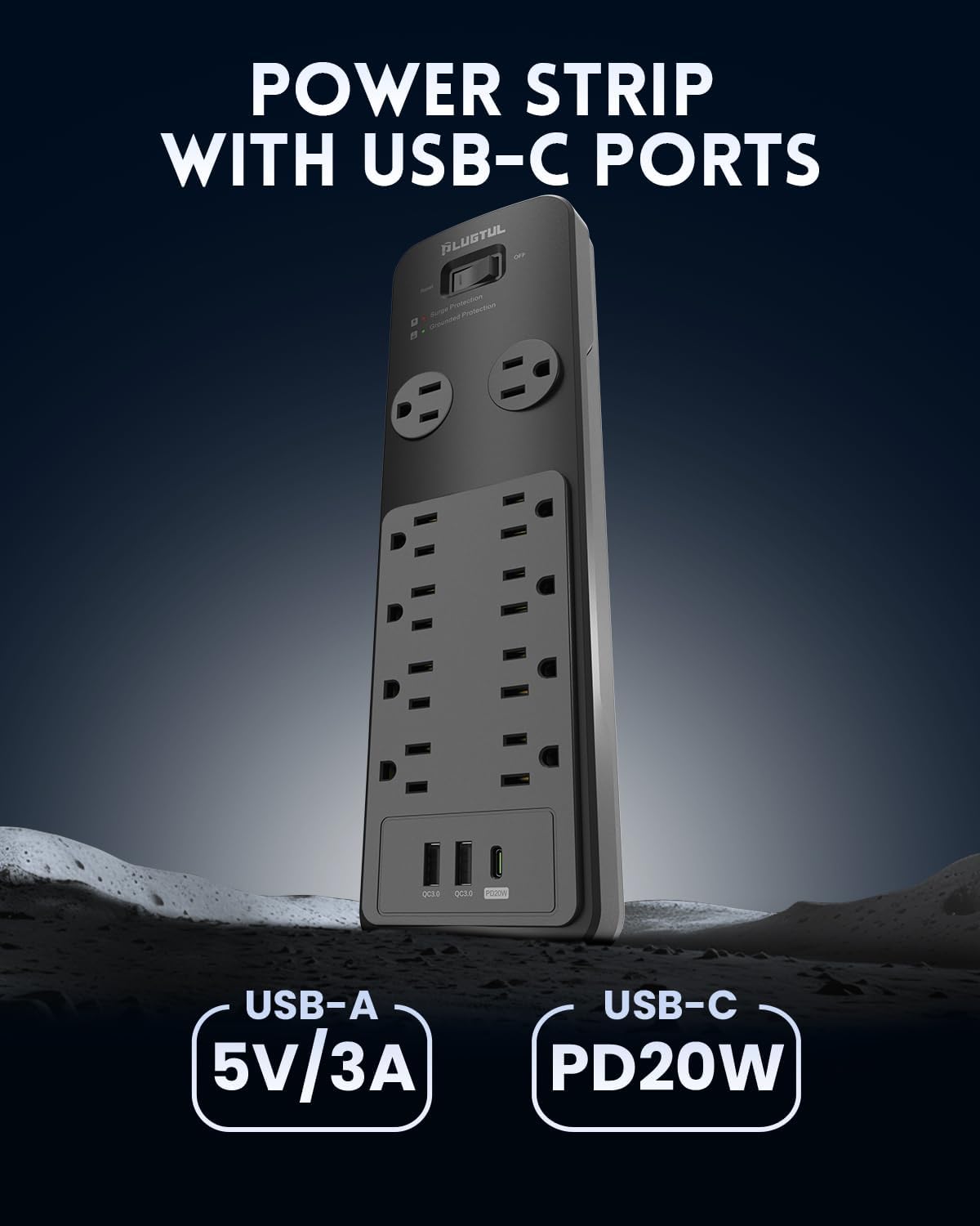 Surge Protector Power Strip 20FT, PLUGTUL Surge Protector with 10 Outlets - Spacious Design for Large Plugs, Flat Plug, 20W USB C Charging for Home, Office, ETL Listed, 2040J