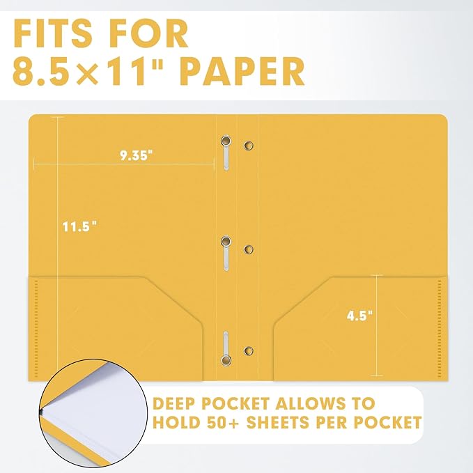 Plastic 2 Pocket Folders with Prongs, 30 Pack, Heavyweight, Letter Size Poly Folders with 3 Metal Prongs Fastener Clips (Yellow)
