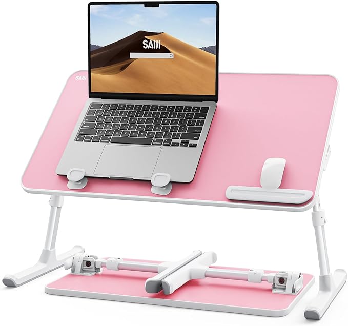 SAIJI Height & Angle Adjustable Laptop Stand, Lap Desk Bed Tray Table, Light Weight Foldable Portable Laptop Table for Couch, Sofa, Chair, Floor Desk for Adults, Kids (Pink)