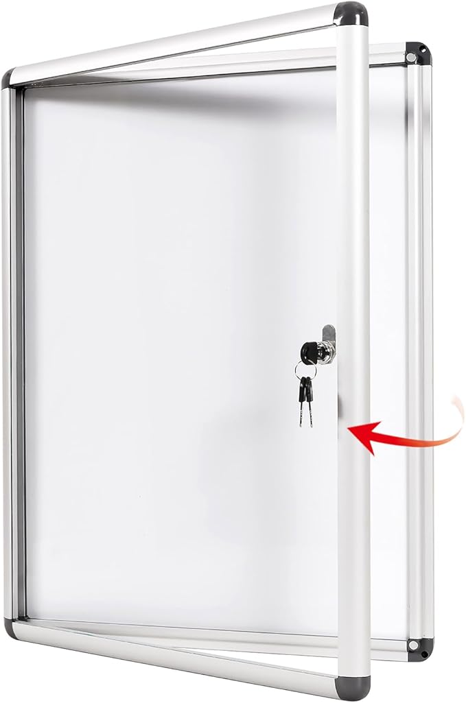 SWANCROWN Enclosed Bulletin Board Dry Erase Noticeboard Lockable Display Boards White with Aluminium Frame 20x14inch(2xA4)