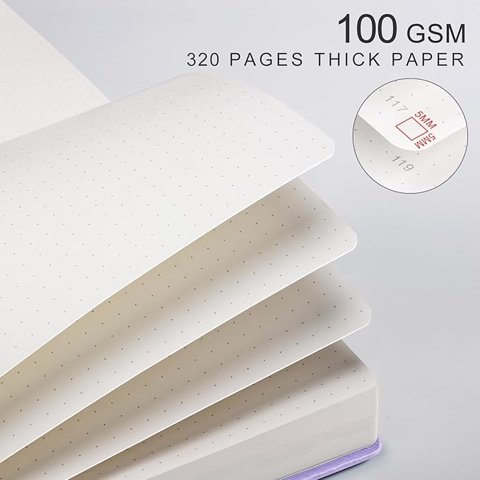 EMSHOI Bullet Dotted Journal Notebook - 320 Pages, 100gsm Thick Paper, A5 Hardcover Leather, Dot Grid Notebook for Women Men Work Writing, Bullet Journaling, Drawing, 5.75 x 8.38, Light Purple
