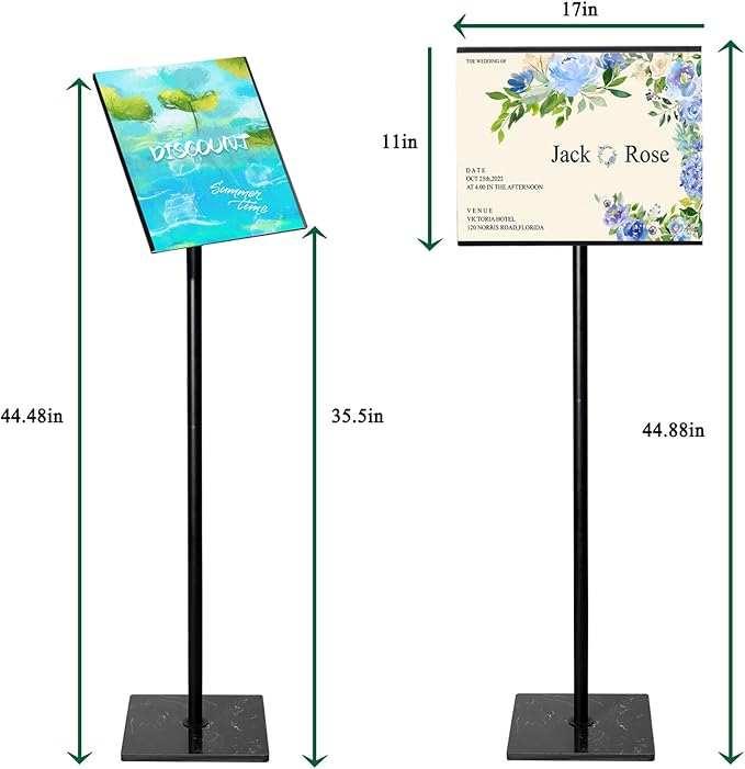 Adjustable Poster Sign Holder Stand 11x17 , Sign Holder Stand with Heavy Duty Marble Base, Reusable Sign Holder Vertical & Horizontal View Display for Indoor Outdoor Standing, 2 PACK（Square）