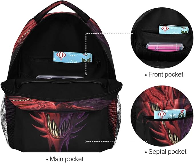 Blueangle Angry Red Dragon Head Print Travel Backpack for School Water Resistant Bookbag