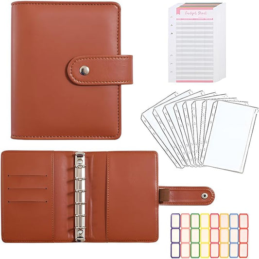 A7 Budget Binder Set - Mini Money Organizer for Cash Saving, Cash Stuffing Envelope System, Planner Binders with Pockets, Sheets and Stickers, Brown