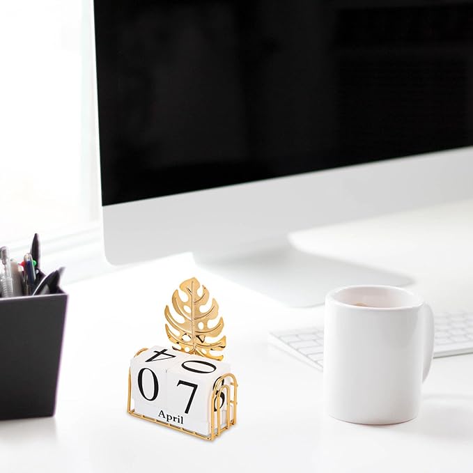 SUPVOX Wooden Block Calendar for Desk Daily Desktop Perpetual Calendar Wood Month Date Display Blocks Farmhouse Desk Accessories for Home Office Decor Reusable Yearly Monstera Leaf Design